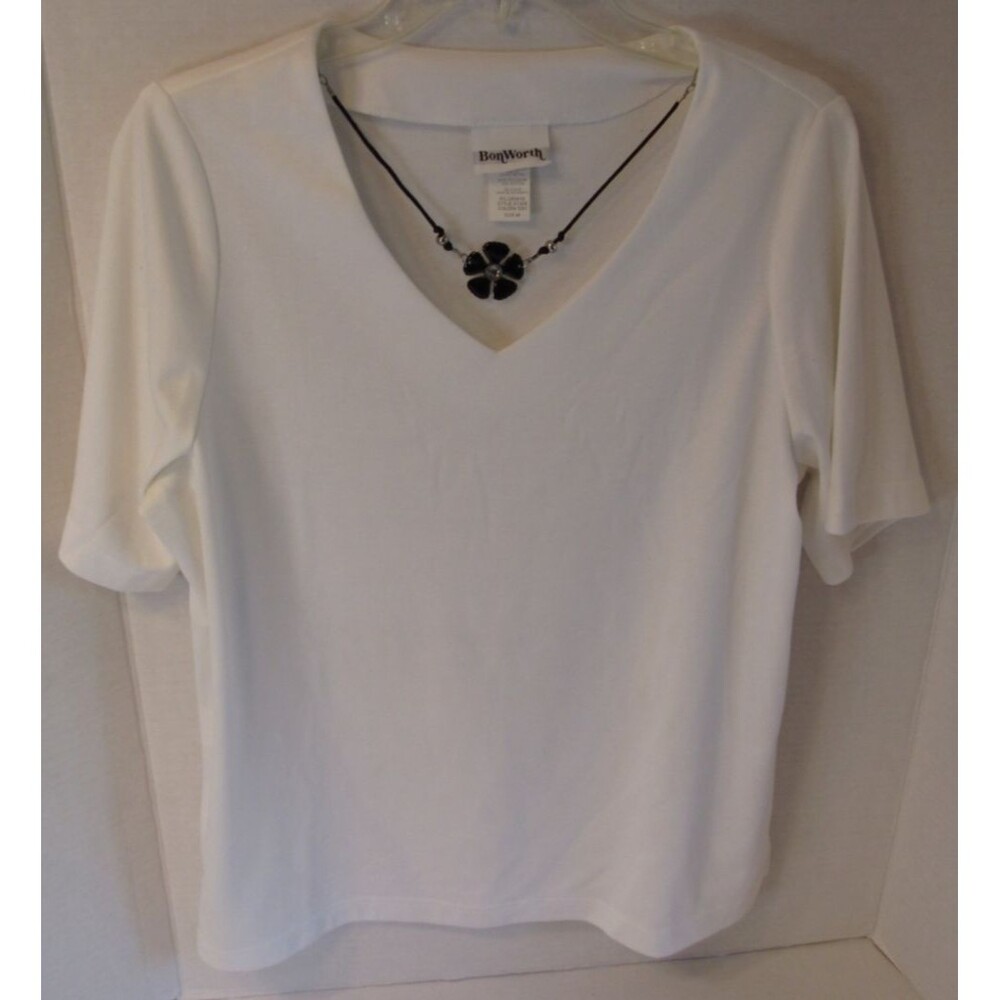 BonWorth Solid White Short Sleeve Top With Attached Necklace Womens VNeck Size M